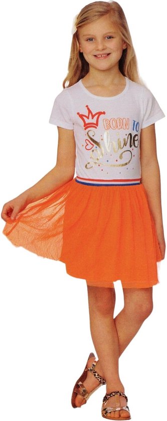 Oranje Meisjes T-shirt Jurk - T-shirtjurk - Born To Shine - Voor o.a. Koningsdag - Holland - Maat: 98/104 - 3 tot 4 jaar