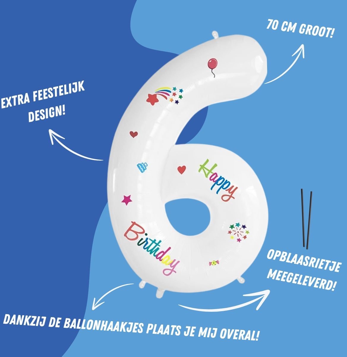 Folieballon Cijfer 6 Jaar Verjaardag Versiering Cijferballon Happy Birthday Decoratie Helium Ballonnen Folie Wit - Xl — afbeelding 2