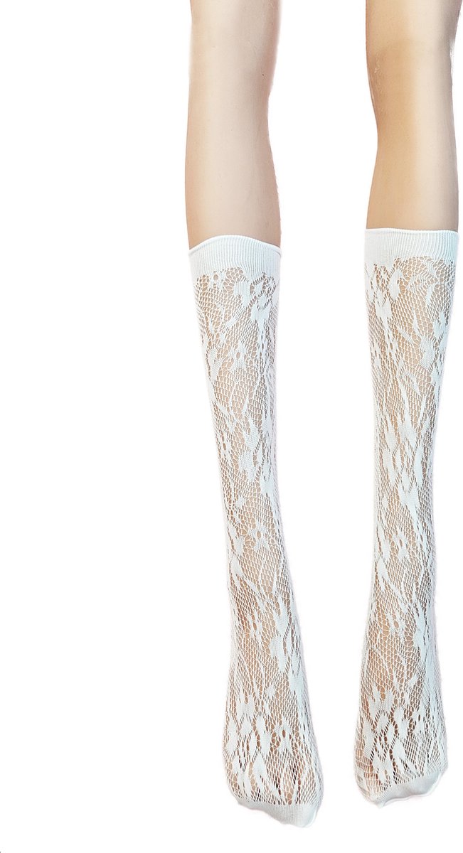 BamBella® Knie Sokken panty stof Dames - Onesize - Wit - kant kousen net Kniekousen -