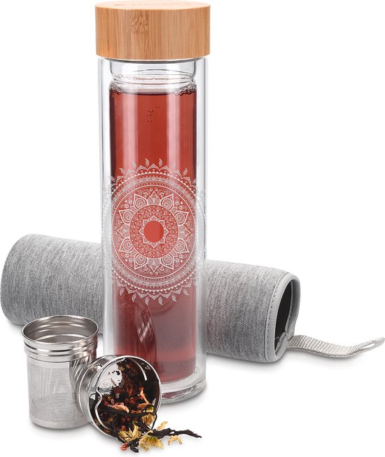 Foto: Navaris glazen theefles met filter 500 ml waterfles van glas dubbelwandige drinkfles fles met bamboe dop thee infuser en hoes indian sun