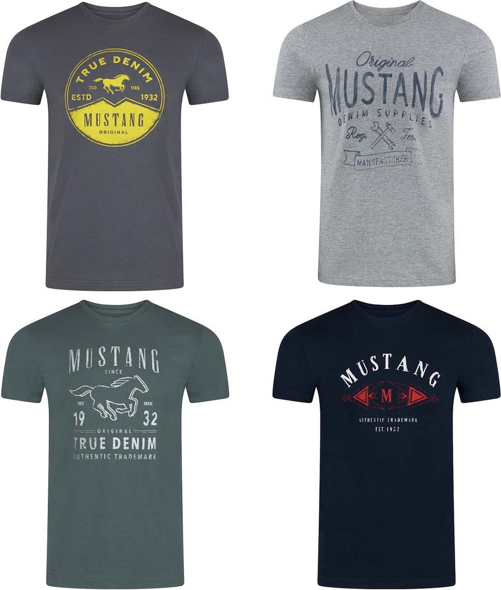 Mustang Heren T-Shirt 4-pack Mustang heren-T-shirt regular fit Veelkleurig 5XL Ronde Hals Volwassenen Opdruk Print Shirts