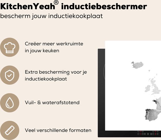 KitchenYeah® Inductie beschermer 81x52 cm - Europakaart in lichtgrijze waterverf - zwart wit - Kookplaataccessoires - Afdekplaat voor kookplaat - Inductiebeschermer - Inductiemat - Inductieplaat mat