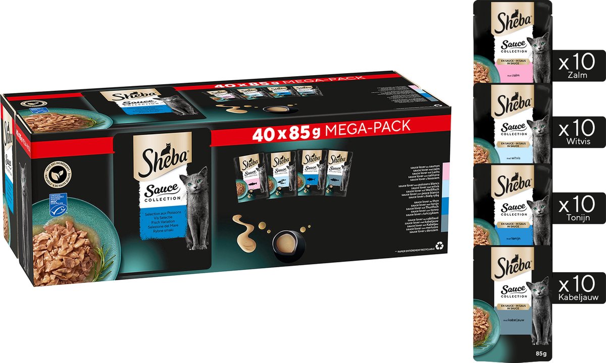 Sheba Kattenvoer Sauce Collection - Natvoer - Vis Selectie in Saus - 40 x 85g Mega Pack - Sheba