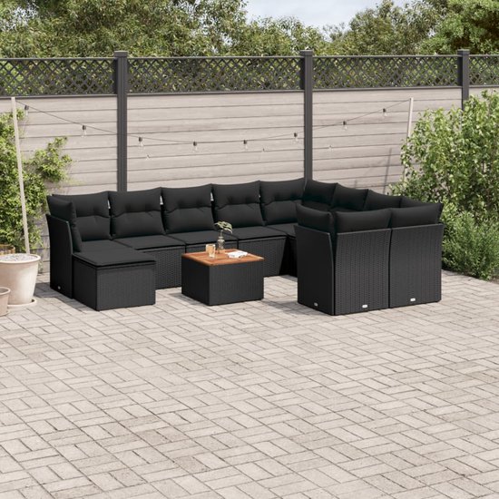 vidaXL - 11-delige - Loungeset - met - kussens - poly - rattan - zwart