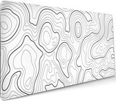 Gaming-muismat met topografische contour wit, 90 x 40 cm, XXL met volledige geografische kaartlijnen, brede antislip rubberen basis, toetsenbordmat met genaaide randen voor de