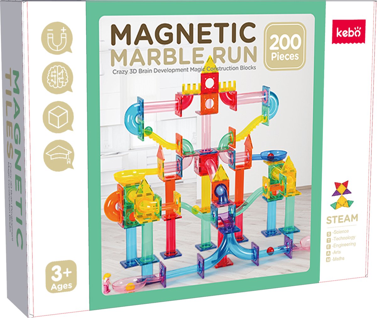 KEBO magnetisch speelgoed magnetic tiles magnetische tegels magnetische bouwstenen constructie speelgoed montessori speelgoed knikkerbaan 200pcs kbkg-200