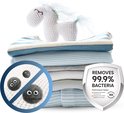 Een stapel kinderkleding met een gebreide witte eenhoorn. Links een cirkel met "verboden" symbool op stofmijten. Rechts een schild met "Removes 99.9% Bacteria".