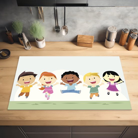 KitchenYeah® Inductie beschermer 85x52 cm - Illustratie van vrolijke kinderen - Kookplaataccessoires - Afdekplaat voor kookplaat - Inductiebeschermer - Inductiemat - Inductieplaat mat