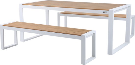 AXI Tony Ensemble de jardin avec 2 bancs Polywood Wit aspect teck - Structure en aluminium thermolaqué - Table de pique-nique avec plateau et siège en Polywood - 190x90cm