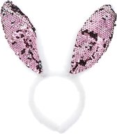 Diadème de déguisement lapin de Pâques/oreilles de lapin - paillettes - rose/blanc - taille unique