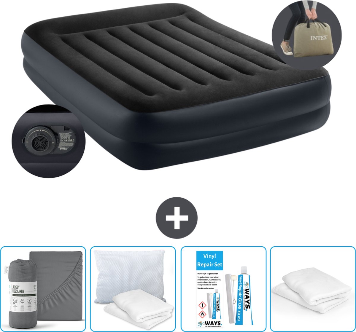 Intex Luchtbed - 2-Persoons - 152 x 203 x 42 cm - Blauw - Inclusief pomp - Hoeslaken - Kussen - Reparatieset en Kussenbeschermer