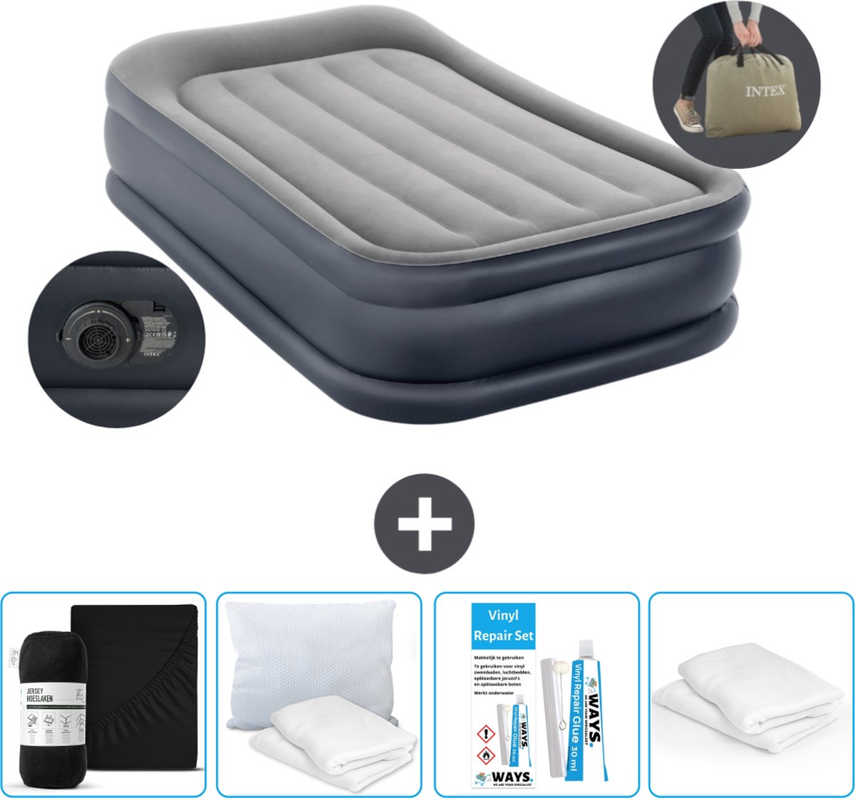 Intex Luchtbed - 1-Persoons - 99 x 191 x 42 cm - Grijs - Inclusief pomp - Hoeslaken - Kussen - Reparatieset en Kussenbeschermer