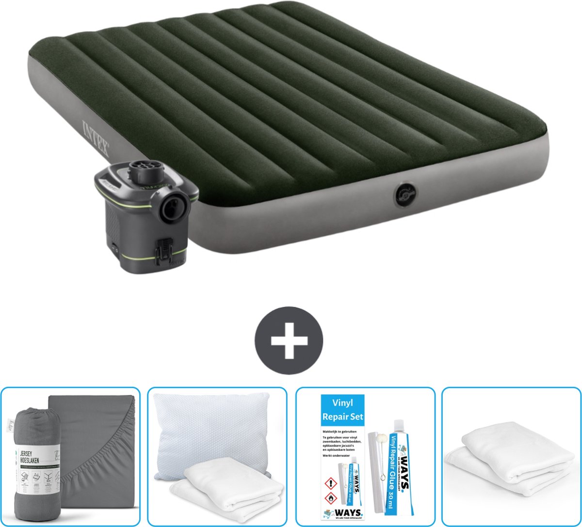 Intex Luchtbed - 2-Persoons - 152 x 203 x 25 cm - Groen - Inclusief pomp - Hoeslaken - Kussen - Reparatieset en Kussenbeschermer