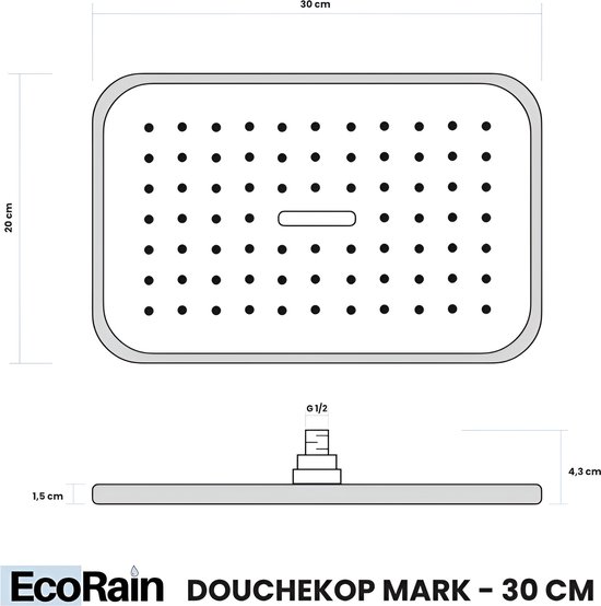 EcoRain© Regendouchekop Mark XL 30 cm - Waterbesparend - Hoofddouche - Rechthoek - Chroom - EcoRain