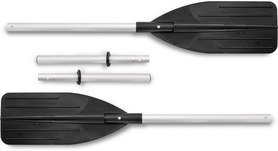 Twee peddels met zilverkleurige schachten en zwarte bladen.
