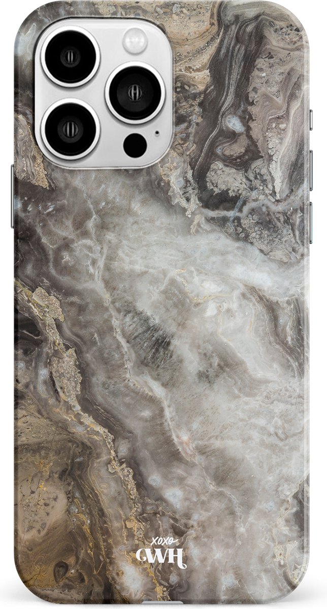 xoxo Wildhearts Marble Grey River - Double Layer - Hoesje geschikt voor iPhone 13 Marmer hoesje shockproof - Hard Case beschermhoesje geschikt voor iPhone 13 - Grijs