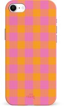 xoxo Wildhearts Brunch o'clock hoesje Double Layer - Hoesje met ruiten geschikt voor iPhone SE 2020 / 2022 hoesje - Dames hoesje geschikt voor iPhone 7/8 - Kleurrijk hoesje - shockproof case - Geruit hoesje - oranje / paars