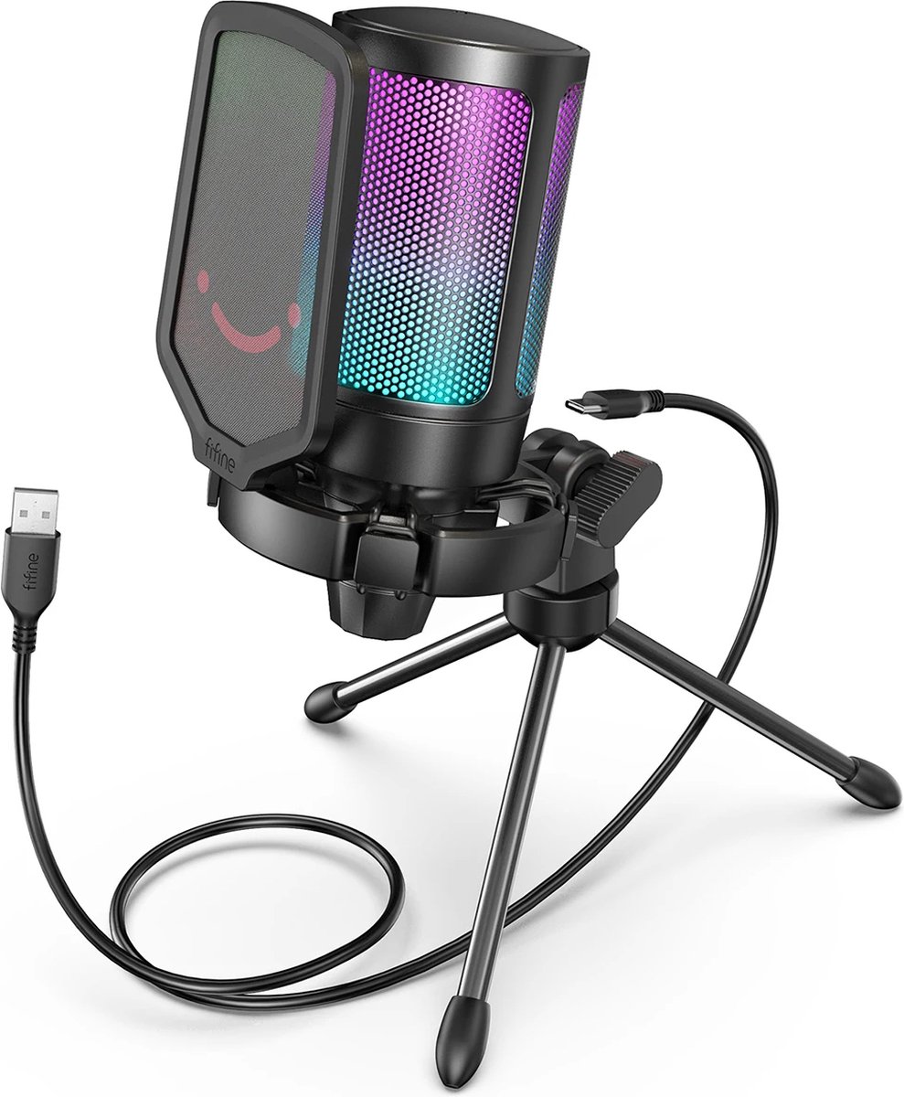 Fifine Microfoon - Gaming Microfoon - USB Microfoon - Pop Filter - Gain Control voor Podcasts - Zwart - Fifine