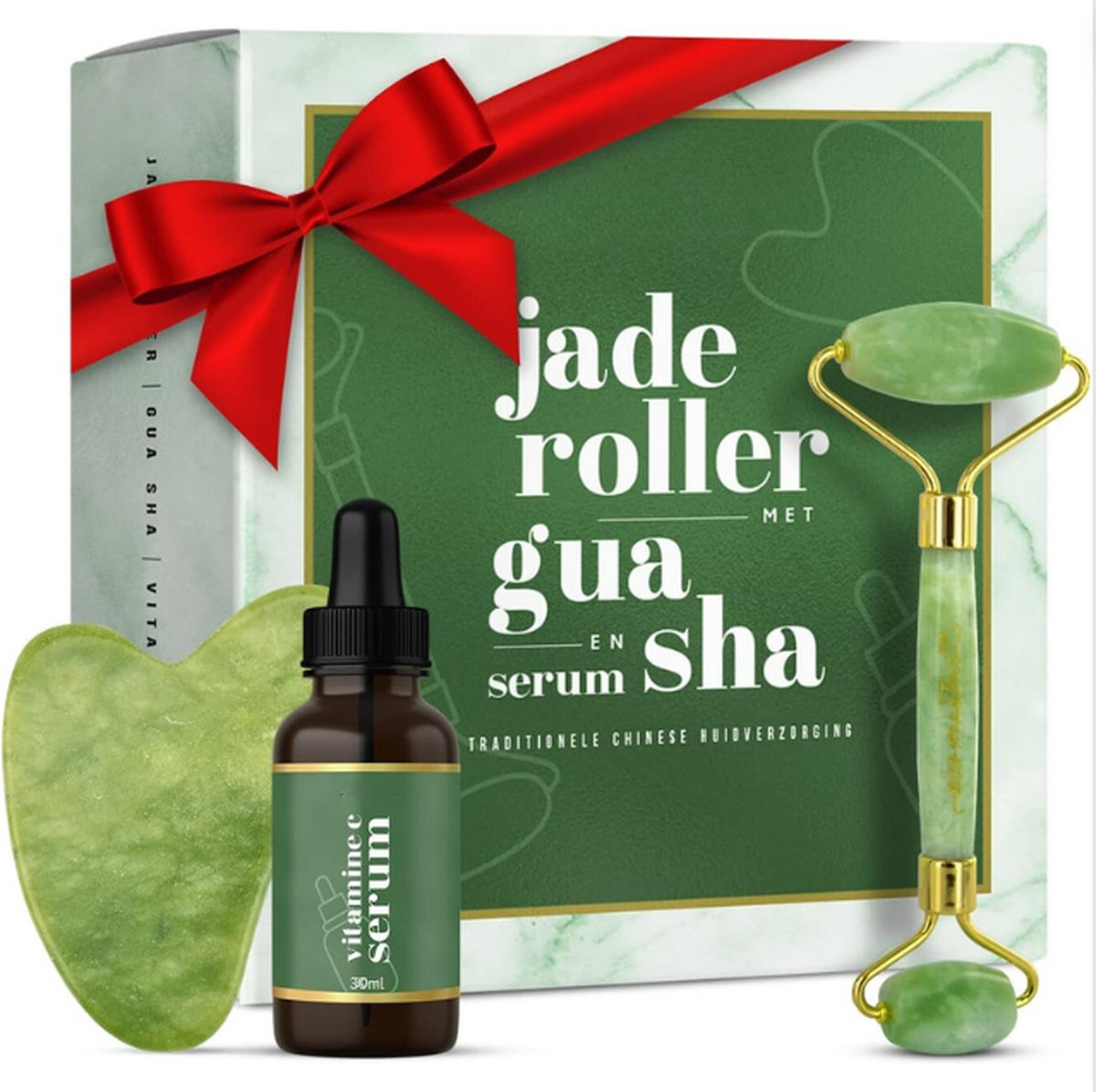 Jade Roller met Gua Sha en Vitamine C Serum Aloe Vera & Retinol Anti-Aging Massage Set (Turkoois)