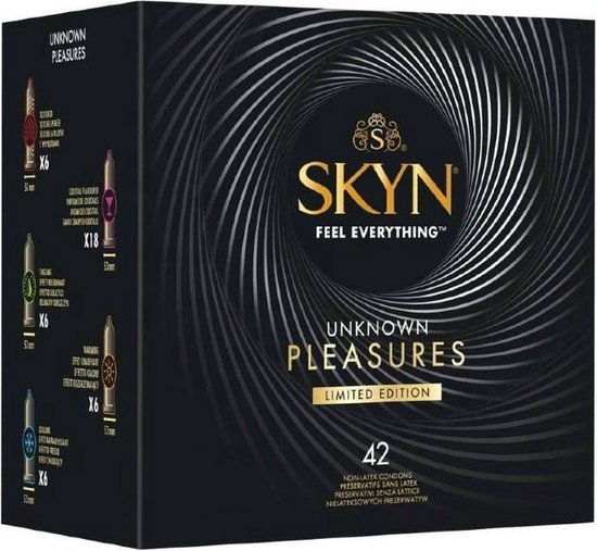 Zijkant van de SKYN Unknown Pleasures Limited Edition condoomdoos met afbeeldingen van de verschillende soorten.