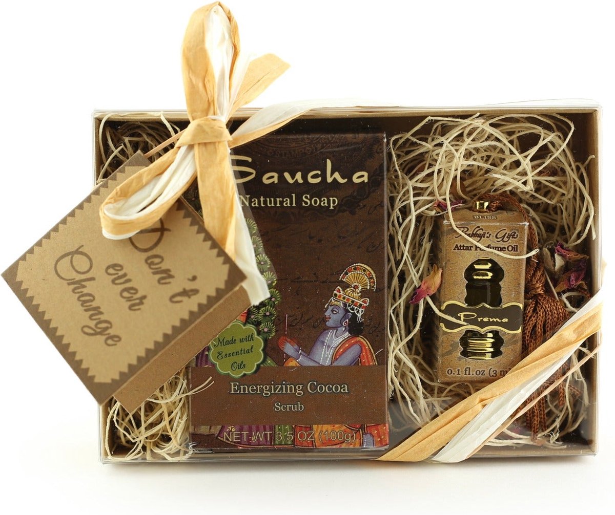 Goedkoopste Cadeauset met Sauchazeep en attarolie Prema (gelukzaligheid), 'Don't ever change', Prabhuji's Gifts, vegan