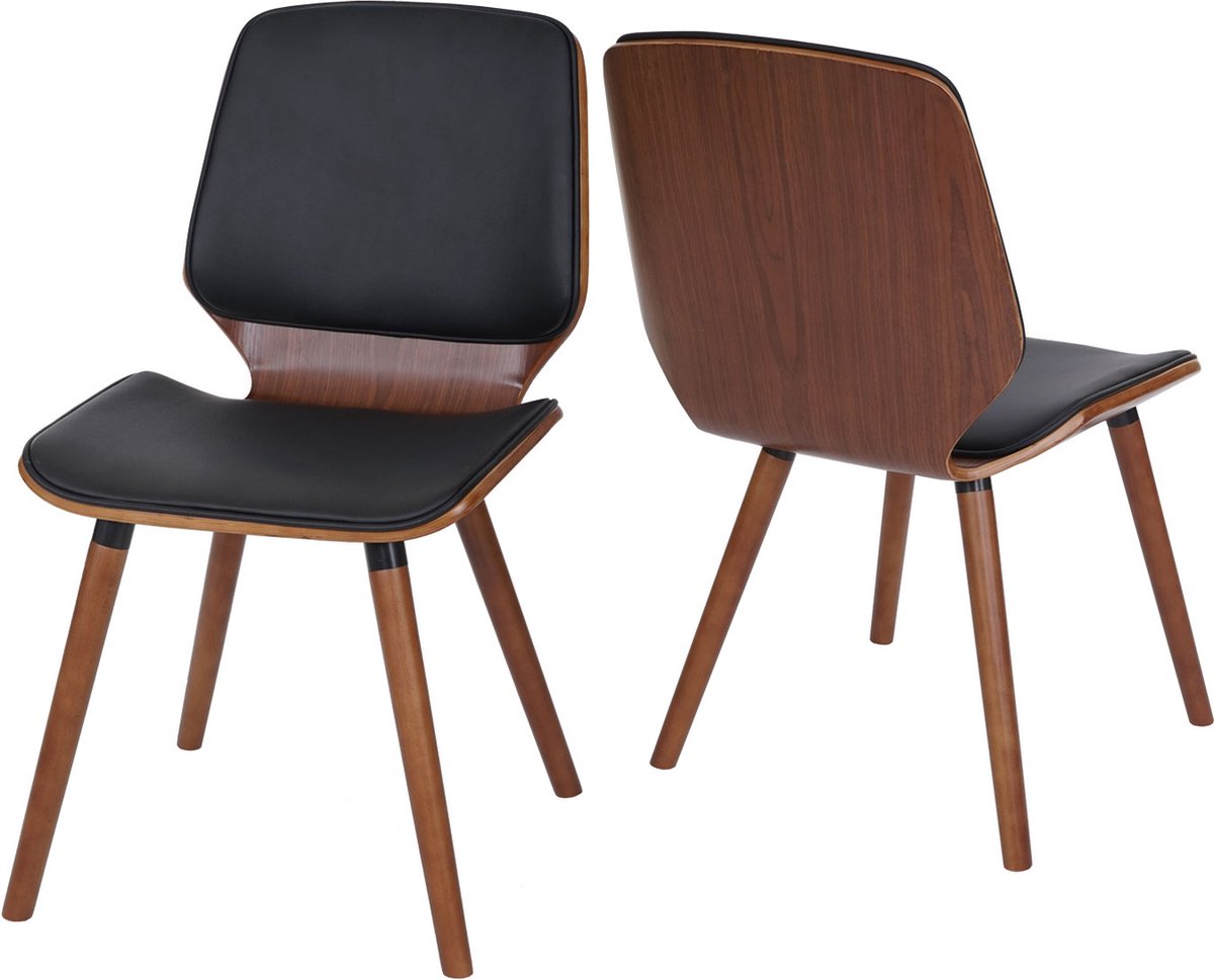 Cosmo Casa Set van 2 Eetkamerstoelen - Gebogen Hout - Retro Ontwerp - Walnootlook - Zwart - Kunstleer