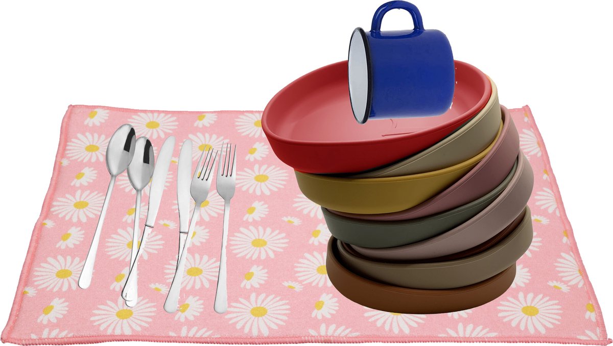 Goedkoopste Afwas afdruipmat/droogmat keuken - absorberend- microvezel - roze bloemen - 40 x 48 cm - opvouwbaar