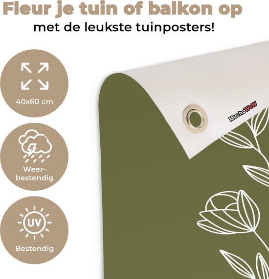Groene poster met lijntekening van bloemen, met tekst 'Fleur je tuin of balkon op' en iconen voor weer- en UV-bestendigheid.
