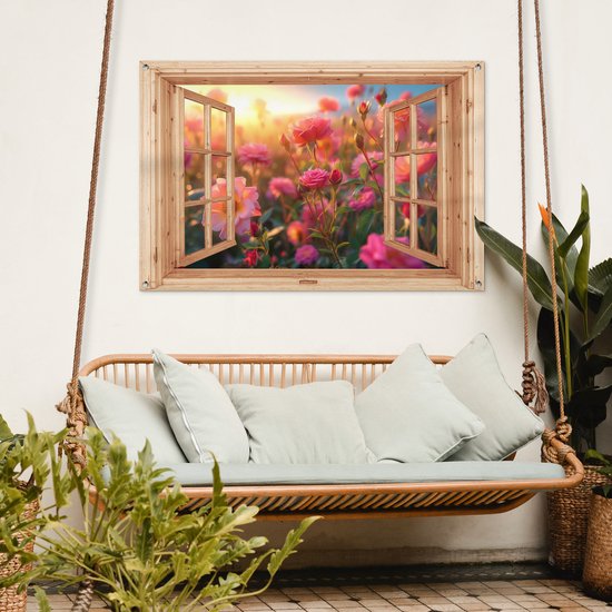 Tuinposter doorkijk bloemen - Lichtbruin raam - Tuindecoratie roze rozen - 120x80 cm - Poster voor in de tuin - Buiten decoratie - Schutting tuinschilderij - Tuindoek muurdecoratie - Wanddecoratie balkondoek