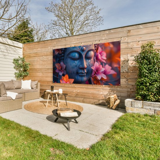 Affiche de clôture Bouddha - Portrait - Fleurs - Bouddha - Statue - 200x100 cm - Toile de jardin