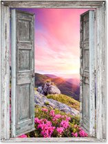 Tuinposter - Doorkijk - Bergen - Bloemen - Zonsondergang - 120x160 cm - Tuindoek - Tuinposter doorkijk