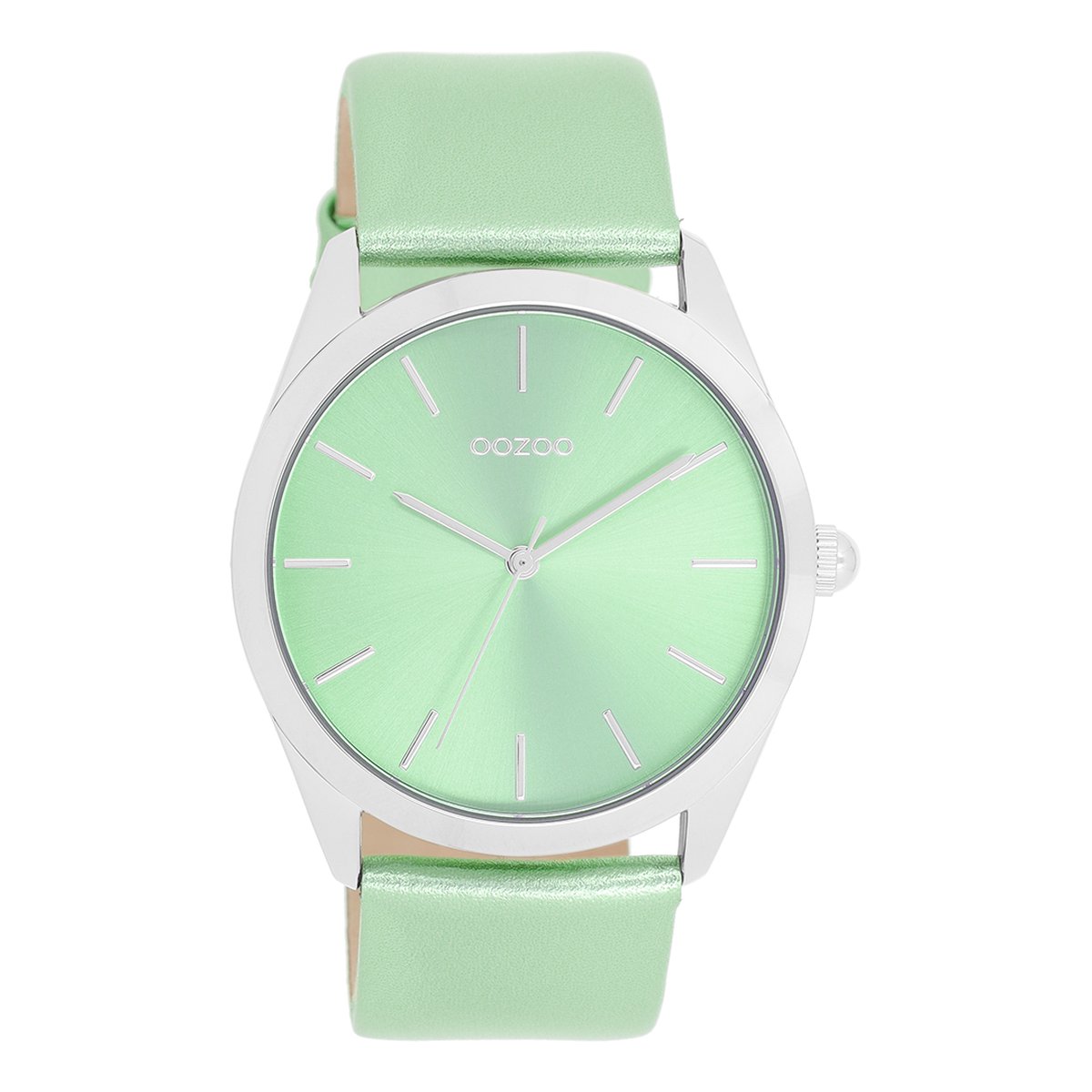 Zilverkleurige OOZOO horloge met mint groene leren band - C11336