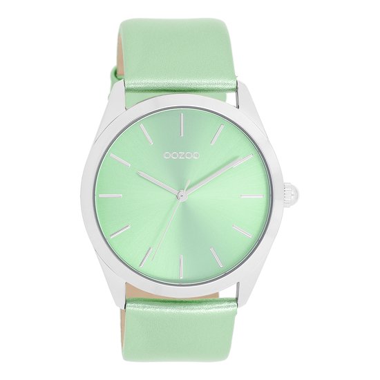 Zilverkleurige OOZOO horloge met mint groene leren band - C11336