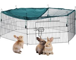 konijnenren met net, uitloopren voor konijnen & andere knaagdieren, van staal, met zonnedoek, Ø 110 cm, groen