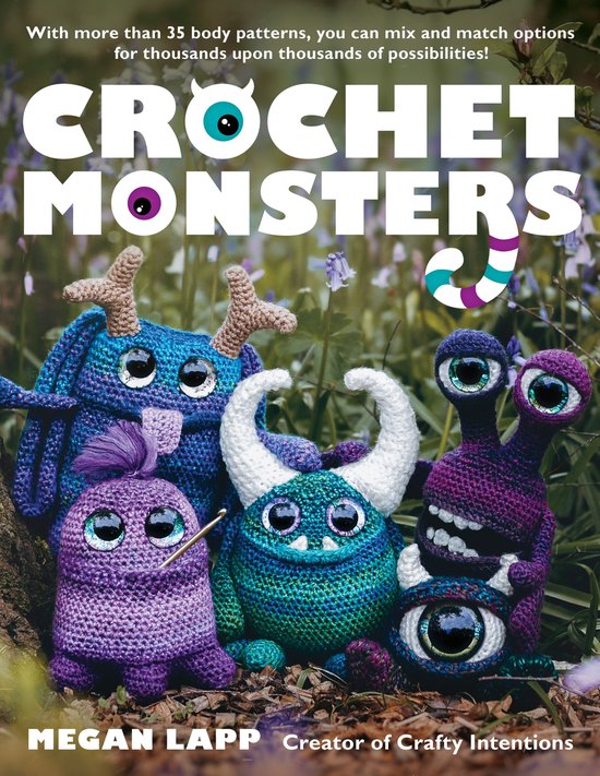 Boek 'Crochet Monsters' met diverse gehaakte monsters met grote ogen in paars, blauw en groen.