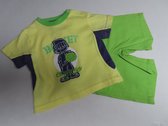 Ensemble - Jongens - T shirt geel , paars groen + korte broek groen - 12 maand 1 jaar