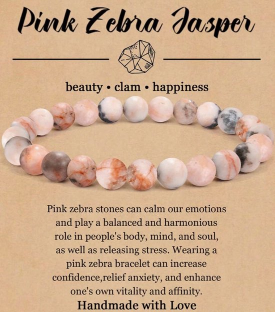 Armband - Natuursteen - Edelsteen - met Kaartje - Betekenis - Natural Healing - Gift - Cadeau - Roze Zebra Jaspis