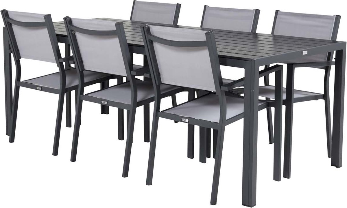 Break tuinmeubelset tafel 90x205cm zwart, 6 stoelen Copacabana grijs.