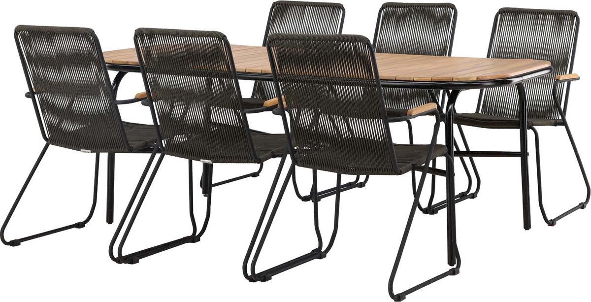 Holmbeck tuinmeubelset tafel 90x200cm naturel, 6 stoelen Bois zwart.