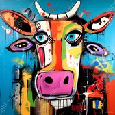 JJ-Art (Canvas) 100x100 | Gekke grappige koe in Herman Brood stijl, kleurrijk, abstract, kunst | dier, stier, humor, bruin, blauw, rood, geel, roze, modern, vierkant | Foto-Schilderij canvas print (wanddecoratie)