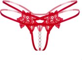 Sexy String met Parels - Kralen - Rood - Erotisch Design met Bloemen - One Size String - Dames Onderbroek Open Kruis - Lingerie / Ondergoed