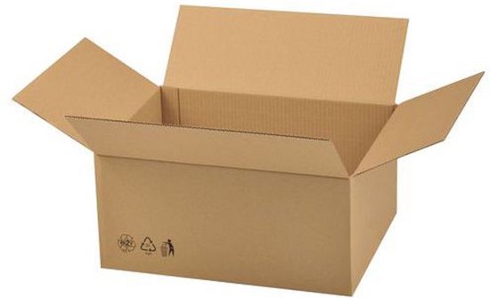 Een open bruine kartonnen doos met flappen omhoog. Er staan recycle-symbolen op de zijkant.