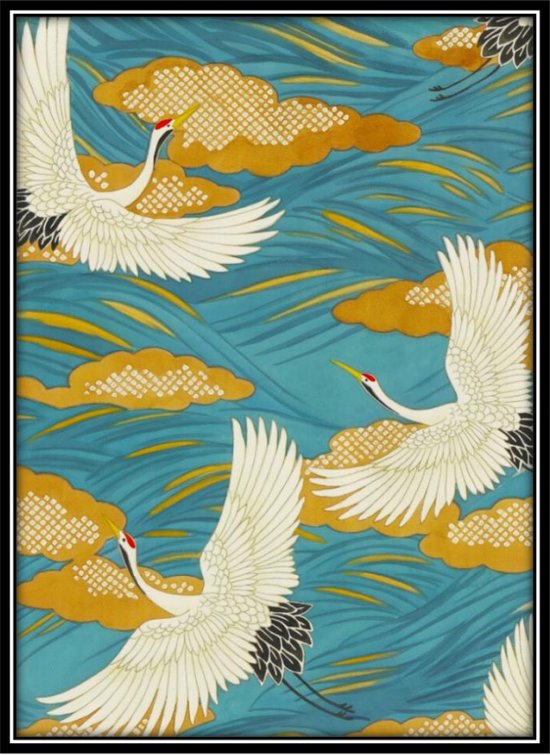 Fine Asianliving Aquarelle Schilderij Japanse Kraanvogels in Lijst Massief Hout 75x55cm Blauw