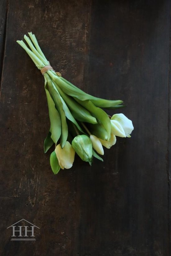 Tulipes artificielles - blanc crème vert - 30cm - 7 tiges - tulipes real touch - bouquet artificiel - tulp