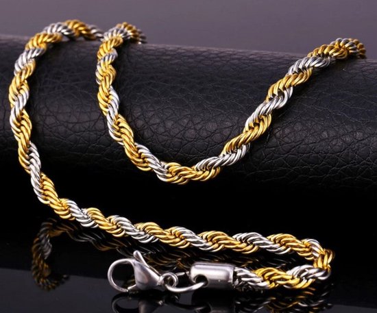 Style King - RVS Rope chain Ketting - Touw schakel - twee kleuring - verguld - RVS - 55cm - 5mm - Ketting - Rope schakelketting