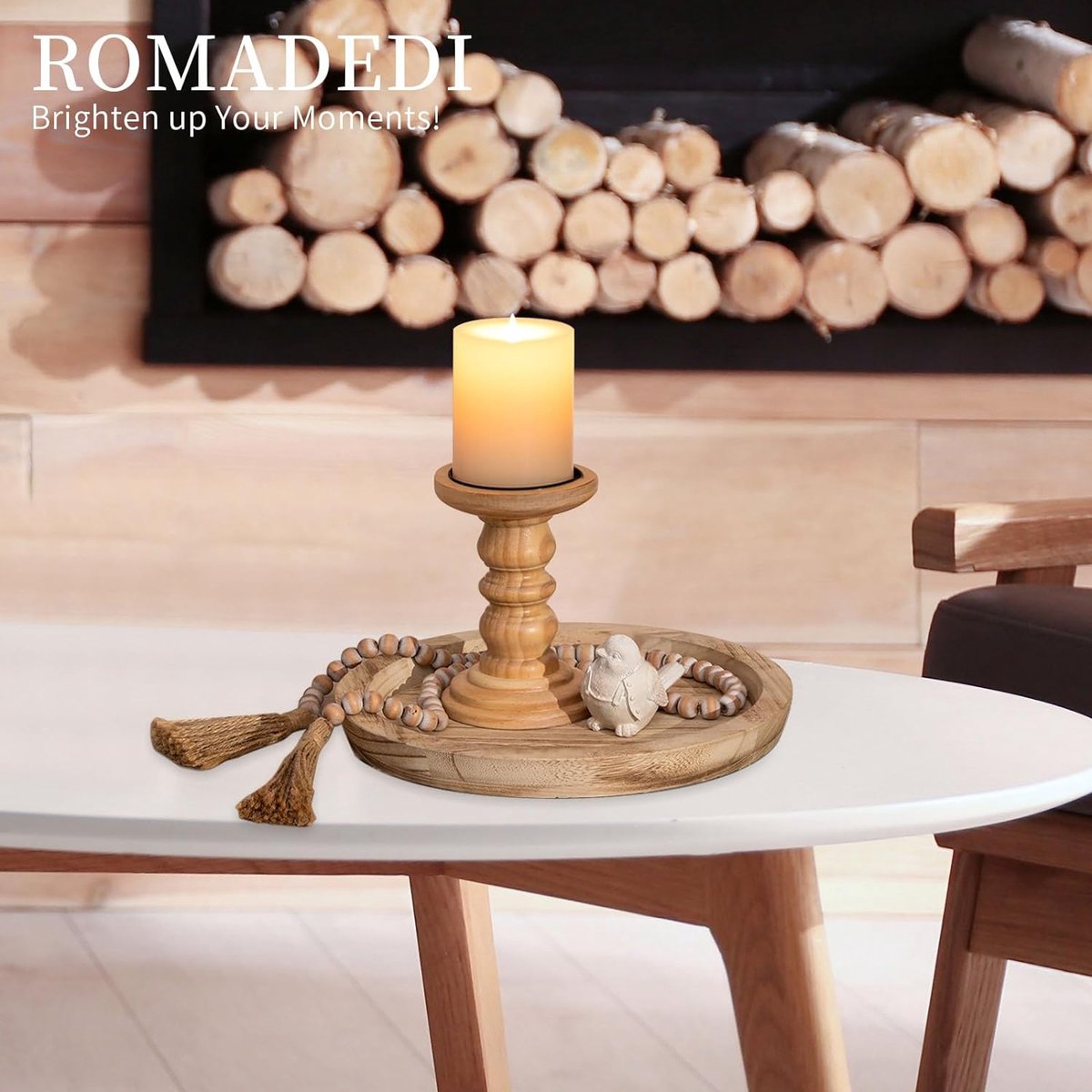 Set De 5 Bougeoirs Avec Plateau Déco - Style Bois Vintage - Ambiance Cosy Pour Salon Et Salle à Manger