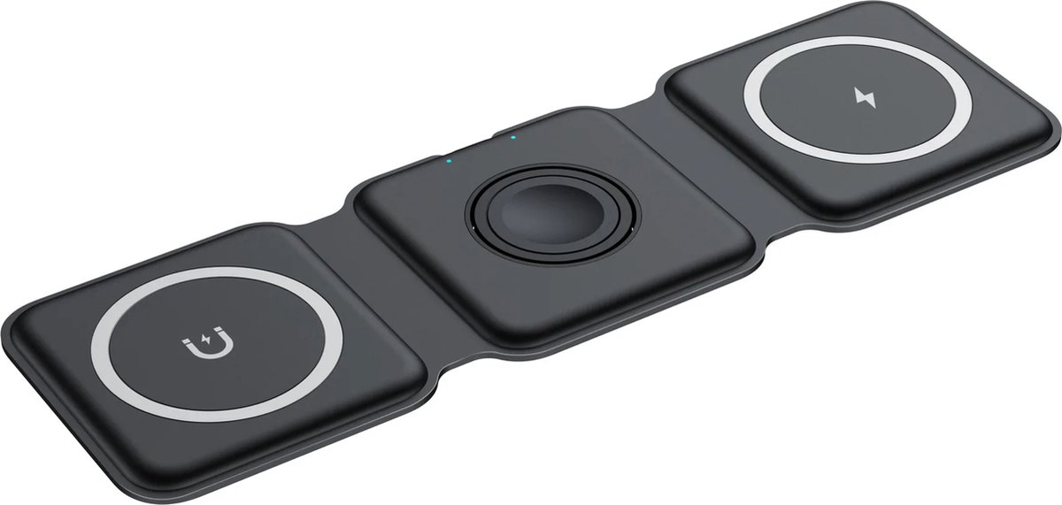 DrPhone PowerMag – 3 In 1 Magnetische Draadloze Oplader – Opvouwbaar – Geschikt Voor IOS Telefoons Met Magnetische Ring / IOS Horloge & IOS Oordoppen - Zwart