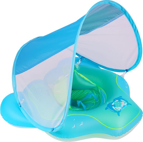 Playos® - Zwemband met Zonnescherm - met Zitje - Blauw - Peuter en Baby - Zwemring - Babyzwemband - Babyfloat - Zwemtrainer - Opblaasbaar - Zwemstoel - Opblaasbare Rubberboot - Rubber Bootje