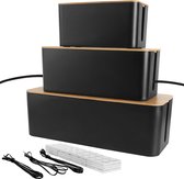 Set van 3 kabelboxen zwart, 3 maten kabelorganizerbox, kabelorganizerbox, zwart, kabelbeheerbox, houten deksel en 3 kabelbinders