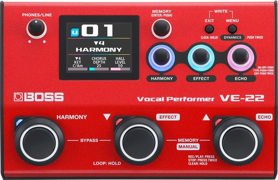 Rode BOSS VE-22 Vocal Performer met scherm, knoppen en draaiknoppen.